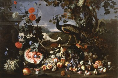 En påfugl og en høne med frugt og blomster i en park, af Franz Werner Tamm