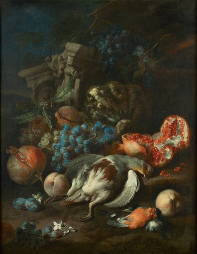 Frugtstykke med en død agerhøne og en bullfinch af Franz Werner Tamm