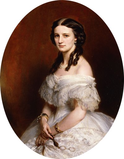 Portræt af en dame, halv længde, iført en hvid kjole og holder et par lunetter, af Franz Xaver Winterhalter