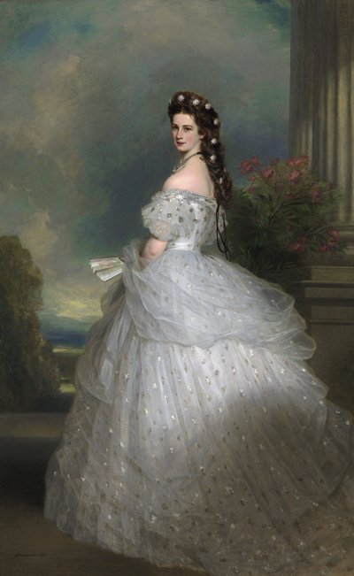 Portugisisk: Kejserinde Elisabeth af Østrig: Hendes hår er prydet med hvidguldsstjerner besat med diamanter. Kejserinde Elisabeth af Østrig i høviske gallakjoler med diamantstjerner af Franz Xaver Winterhalter
