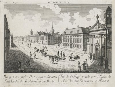 Vue d’Optique/Prospect des grossen Plaze gegen der Alten Sud Kirche der Presbiterianer zu Boston (Optisk udsigt/Udsigt over de store pladser mod Old South Presbyterian Church i Boston), ca. 1776 (ætsning og gravering, ufarvet på lagt papir) af Franz Xavier Habermann