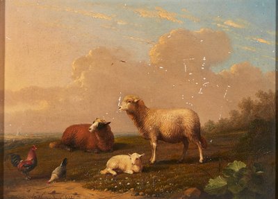Får og høns i en eng (olie på panel) af Franz van Severdonck