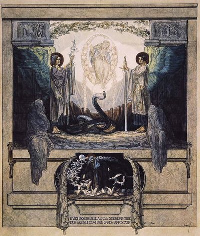 Illustration fra Dantes guddommelige komedie, skærsilden, Canto VIII: 24, 1921 (wc på papir) af Franz von Bayros