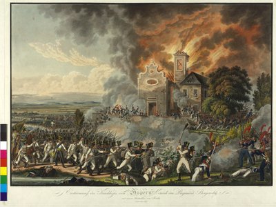 Slaget ved Aspern 1809 (koloreret kobberstik) af Franz von Habermann