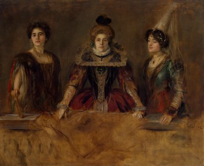 Gruppebillede: Tre damer i kostumer (frøken Heuberger, fru Obermayer og fru Putz) af Franz von Lenbach