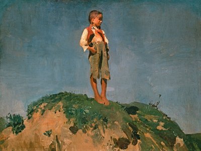 En dreng, der passer får, på en græsklædt bakke af Franz von Lenbach