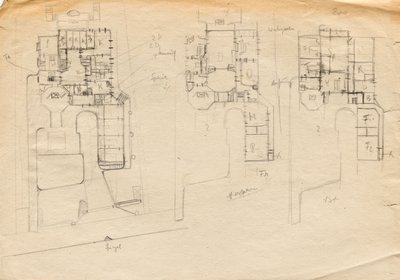 Designskitser til Matcha Atelier Villa - plantegning på tre etager af Franz von Matsch