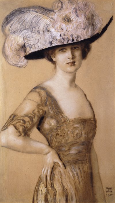 Portræt af en dame iført en fjerhat, 1910 af Franz von Stuck