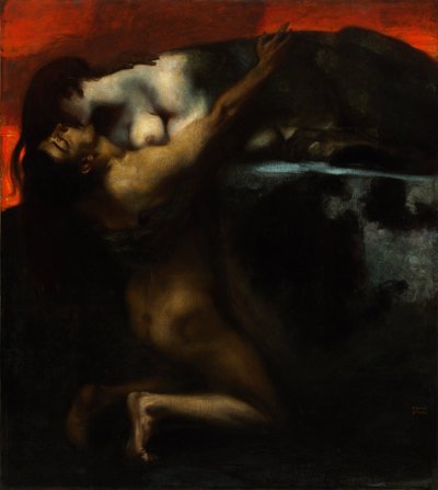 The Kiss of the Sphinx - Peinture af Franz Ritter von Stuck (1863-1928) - 1895 - Olie på lærred - 160x144,8 - Szepmuveszeti Muzeum, Budapest af Franz von Stuck
