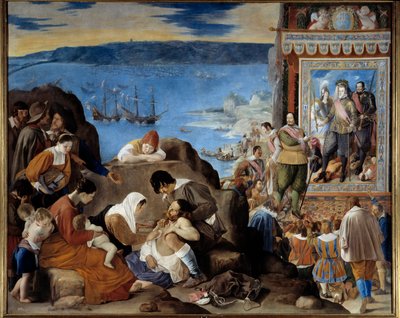 Allegori om overtagelsen af Salvador de Bahia (Brasilien) af en portugisisk, spansk og indisk hær under kommando af Fadrique Alvarez de Toledo y Mendoza (1580-1634) den 1. maj 1625 (Generobringen af Bahia i Brasilien) - Venstre: lidelserne fra ofrene - Til af Fray Juan Batista Maino or Mayno