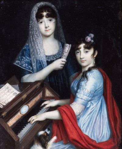 Two Young Ladies at the Pianoforte (akvarel og gouache på elfenben) af Frédéric Dubois