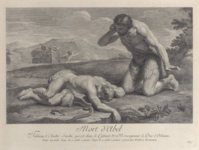 Adam knæler i sorg ved siden af Abels krop, mens Kain flygter i baggrunden, ca. ..., ca. 1729. af Frédéric Horthemels
