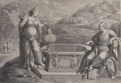 Kristus, der sidder til højre, og kvinden fra Samaria, som står til venstre, ca. 1729. af Frédéric Horthemels