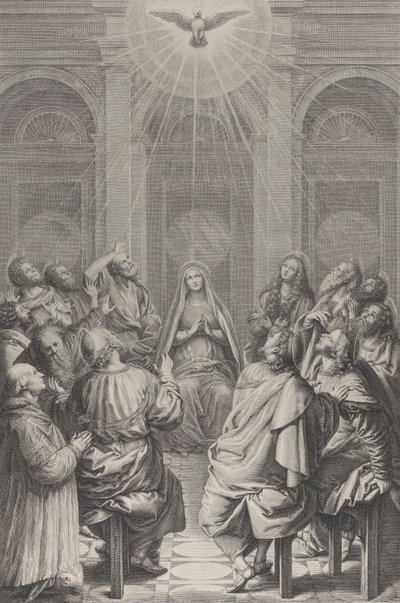 Pinsen, med apostlene og jomfruen siddende i en cirkel, Helligånden ap..., 1729-40. af Frédéric Horthemels