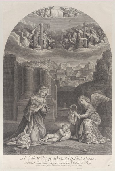 Jomfru Maria, der tilbeder Kristusbarnet, en engel, der holder en tornekrone til højre,..., ca. 1729. af Frédéric Horthemels