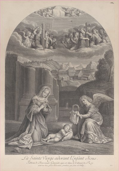 Jomfru Maria, der tilbeder Kristusbarnet, en engel, der holder en tornekrone til højre,..., ca. 1729. af Frédéric Horthemels