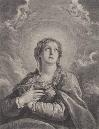 Jomfruen, foldede hænder på brystet, ser opad, 1729-40. af Frédéric Horthemels