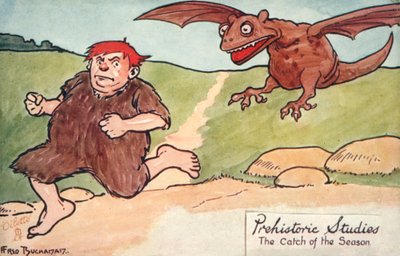 Forhistoriske studier - sæsonens fangst (farvelitografi) af Fred Buchanan