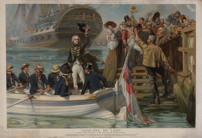 Nelson forlader Portsmouth for at sejle til Trafalgar on the Victory (chromolitho) af Fred Roe