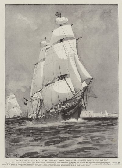 Et strejf af gammelt søliv, HMS Active og HMS Volage på vej ud af havnen i Portsmouth, kun med sejl af Fred T. Jane