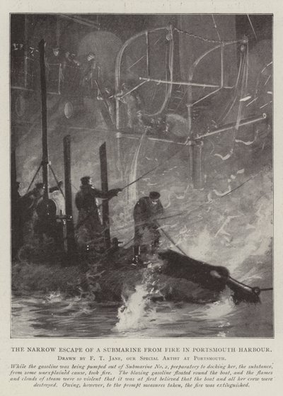 En ubåd undslap med nød og næppe fra en brand i havnen i Portsmouth af Fred T. Jane