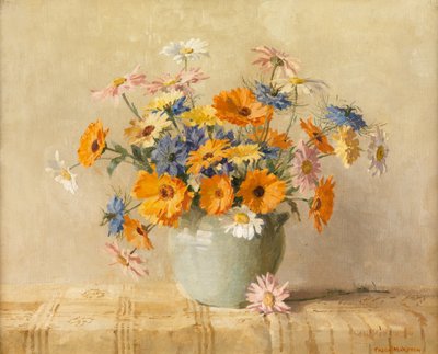 Love-in-a-Mist, Marigold, Oxeye Daisies (Olie på lærred) af Freda Marston