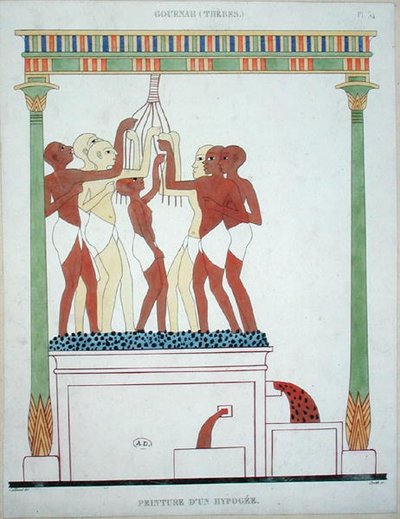 Pressing Grapes, kopi af et vægmaleri fra Theben, graveret af Smith (farve litho) af Frederic (after) Cailliaud