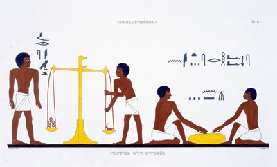 Dødsritualer (emne uklart), fra en sjælden optegnelse af fresker fra Theben, optaget 1819-1822 på sit andet besøg i Egypten af Frederic Cailliaud (1787-1869) (farve litho) af Frederic (after) Cailliaud