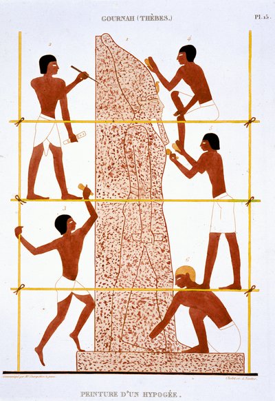 Stenhuggere laver kolossal statue af faraoen, fra en sjælden optegnelse af fresker fra Theben, optaget 1819-1822 på sit andet besøg i Egypten af Frederic (after) Cailliaud