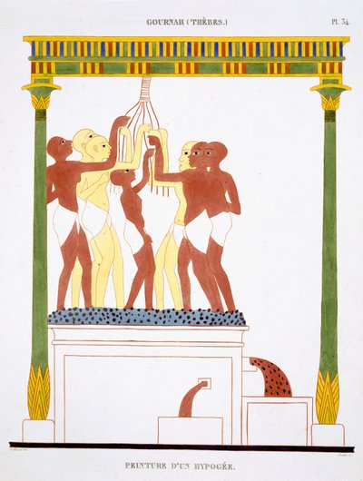 Treading Grapes, fra en sjælden optegnelse af fresker fra Theben, optaget 1819-1822 på sit andet besøg i Egypten af Frederic Cailliaud (1787-1869), farve litho af Frederic (after) Cailliaud