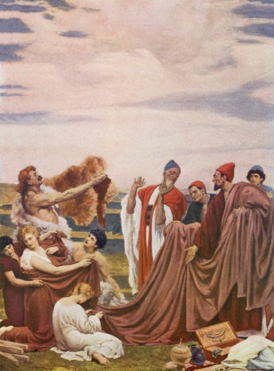 Fønikiske handelsfolk på Storbritanniens kyst (farvelitografi) af Frederic (after) Leighton