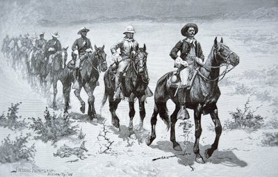 Amerikanske "Buffalo Soldiers" marcherer i ørkenen, efter en tegning fra 1888 (stik) af Frederic (after) Remington