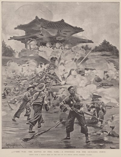 Krigen, slaget ved Ping Yang, en kamp om de yderste forter (litografi) af Frederic (after) Villiers