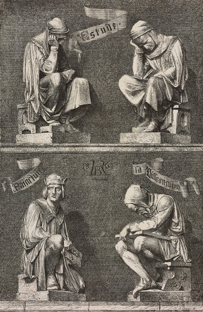 Tutkimuksen allegoria, koristeelliset hahmot Martin Schongauerin patsaan juurella, jonka Auguste Bartholdi (1834-1904) on luonut Unterlindenin luostarille Colmarissa Ranskassa af Frederic Auguste Bartholdi