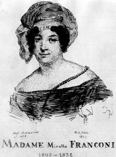 Cirkus: Eau forte af Frédéric Hillemacher, portræt af Mrs. Minette Franconi (1805-1832) - i "The Franconi Circus"". af Frederic Desire Hillemacher