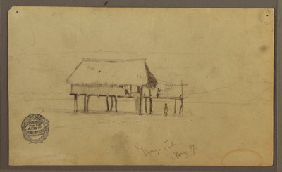 Tegning, En hytte på pæle, Guayaquil, Ecuador, maj 1857 af Frederic Edwin Church