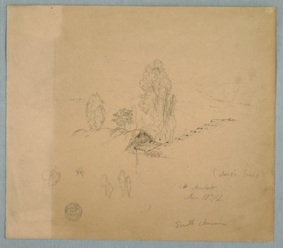 Tegning, Et stråtag og et tegltag med trætoppe i et bjerglandskab nær Chimborazo, Ambato, Ecuador, 17. juni 1857 af Frederic Edwin Church