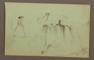 Tegning, En gående pige, en hukende kylling og de amerikanske vandfald på Niagara-floden, muligvis 1856 af Frederic Edwin Church