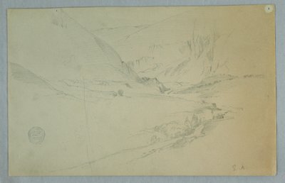 Tegning, Andisk bjergdal med snoet vandløb, Colombia eller Ecuador, 1857 af Frederic Edwin Church