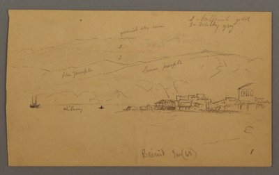 Tegning, bugt med huse og bjerge bagved, januar 1868 af Frederic Edwin Church