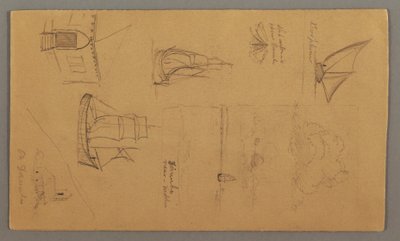 Tegning, bådstudier, skystudie, to bygninger, muligvis 1868 af Frederic Edwin Church