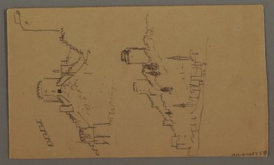 Tegning, bådstudier, skystudie, to bygninger, muligvis 1868 af Frederic Edwin Church