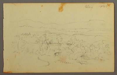 Tegning, Bred dal med gårde, 1844 af Frederic Edwin Church