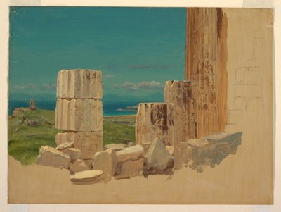Tegning, knækkede søjler, udsigt fra Parthenon, Athen, april 1869 af Frederic Edwin Church