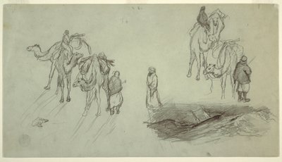 Tegning, Kameler og ryttere; Sailbo, 1868 af Frederic Edwin Church