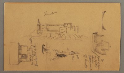 Tegning, slot, minaret, sejlbåde, hus, maj 1868 af Frederic Edwin Church