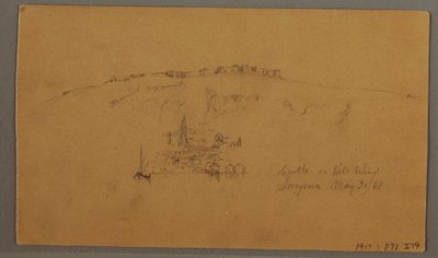 Tegning, slot, minaret, sejlbåde, hus, maj 1868 af Frederic Edwin Church