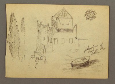 Tegning, Slot ved vand, båd, træer, muligvis 1868 af Frederic Edwin Church