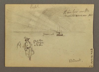 Tegning, Slot ved vand, båd, træer, muligvis 1868 af Frederic Edwin Church