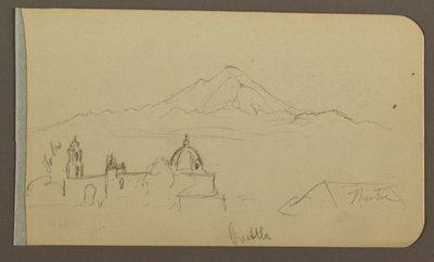 Tegning, katedral, bjerg, Cuautla; bagside: Hus, kirke, træ Cuautla, februar 1885 af Frederic Edwin Church